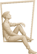 Logo - Eine Mann sitzt in einem Fensterrahmen und schaut in den Himmel