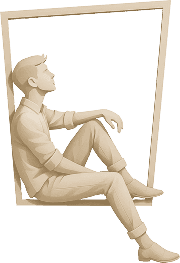 Logo - Eine Mann sitzt in einem Fensterrahmen und schaut in den Himmel